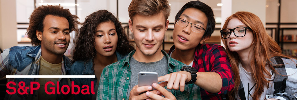 five Gen Z looking at a phone together, with S&P Global logo in bottom left corner